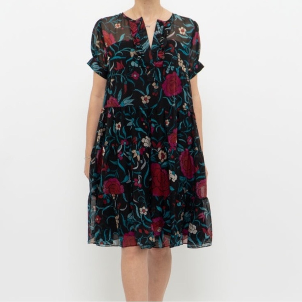 Dvf Diane Von Furstenberg Vinita Dress Silk Black Multi Color Short Slee